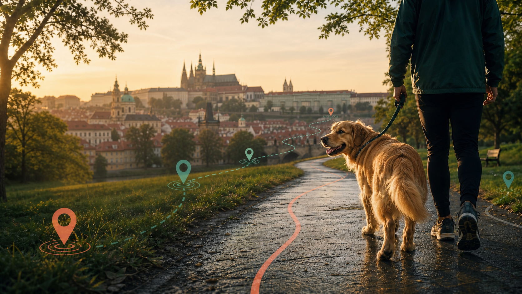 Dog walking through a Prague park with route and place markers